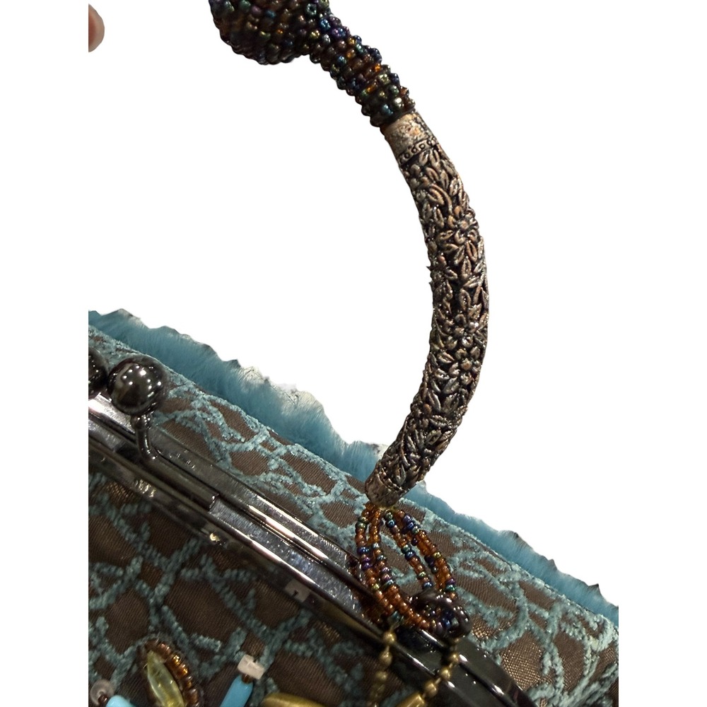 Mary Frances Beaded Feather Fur Evening Clutch Handbag Blue Brown Jeweled Purse - Picture 15 of 16